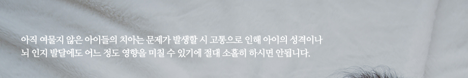 아직 여물지 않은 아이들의 치아는 문제가 발생할 시 고통으로 인해 아이의 성격이나 뇌 인지 발달에도 어느 정도 영향을 미칠 수 있기에 절대 소홀히 하시면 안됩니다.